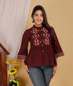 Top Peplum Bordado Color Granate para Mujer, Túnica Étnica Informal con Botones Delanteros y Dobladillo Acampanado para Jeans - Product Image 4