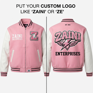 ZAINI <b>Men</b> Autumn Varsity <b>Jacket</b> 450 GSM Wool Blend Body PU Leather Sleeves Pink <b>White</b> Contrast Panels Custom Chenille Embroidery - Product Image 1