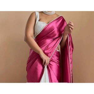 DISEÑADOR SATIN SEDA MOTI ENCAJE BORDER SAREE CON BLUSA SIN COSTAR RANI - Product Image 1