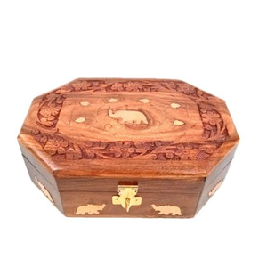 Caja de Joyería Octogonal de Madera con Incrustaciones de Elefante en Latón, Tallada a Mano en Madera de Palisandro Indio, Caja Decorativa Antigua con Diseño Floral - Product Image 1