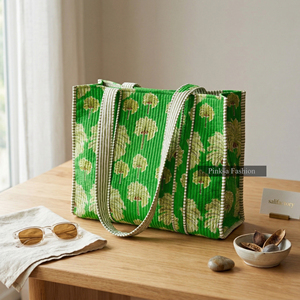 Bolso Tote Grande de Verano para Mujer, de Algodón Acolchado con Estampado de Palmeras Verdes, Hecho a Mano en Jaipur, Ideal para la Playa o Viajes - Product Image 6