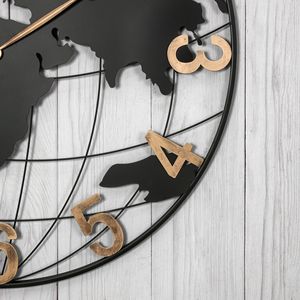 Grande orologio da parete in metallo nero da 36 pollici con mappa del mondo moderno silenzioso in oro Vintage e numeri arabi decorativi per mangiare - Product Image 4