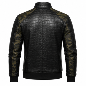 <b>Mens</b> Black Crocodile Embossed Faux <b>Leather</b> <b>Jacket</b> with Camouflage Sleeves OEM ODM Custom Logo Private Label Wholesale Outerwear - Product Image 2
