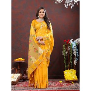 DISEÑADOR PAITHANI SEDA SAREE CON BLUSA DESCOSTADA AMARILLO - Product Image 1