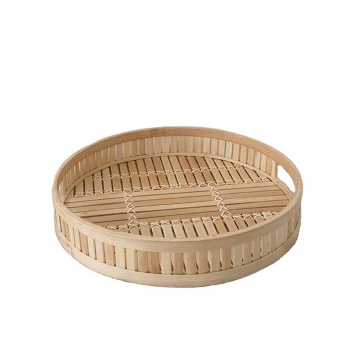 Round Natural Bamboo Tray With Handle,Straw Serving Tray,Woven Tray