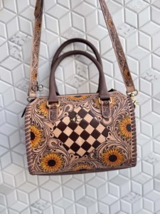 New Unique Designer Hand Tooled Carving Leather Speedy Handbag Gypsy Boho Floral Chess Pattern Western Stylish Women Uses Ba - Product Image 5