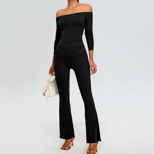 Nouvel ensemble de yoga 2 pièces pour femme, automne-hiver, asymétrique, coupe ajustée, manches longues, couleur unie, antibactérien, avec pantalon large légèrement évasé - Product Image 5