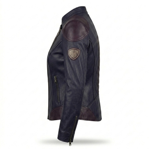 Womens Navy Blue Burgundy Two Tone Real Leather Biker Motorcycle Jacket Asymmetric Zip <b>Stand</b> Collar <b>Slim</b> Fit <b>Coat</b> - Product Image 4