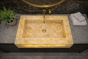 Lavabo de salle de bain rectangulaire en onyx jaune de luxe avec rétroéclairage LED intégré - Product Image 2