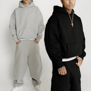 Custom 100% Cotton Fleece Men's Winter Loose Fit Casual Breathable Heavyweight 500GSM Baggy Tracksuit Hoodie <b>Sweatpants</b> <b>Sets</b> - Product Image 2