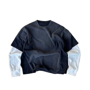 เสื้อยืดแขนยาวสองชั้นของผู้ชายผ้าฝ้าย100% ทรงหลวมโอเวอร์ไซส์ล้างลายกรด - Product Image 1