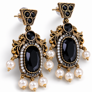 MOQ Available Two Tone <b>Oxidized</b> Black Onyx Women's Party Earrings Dragon Motif Pearl Drops Bezel Setting Jewelry Bulk Supplier - Product Image 1