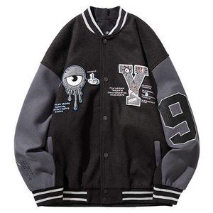 Veste universitaire noire pour homme avec manches grises, patch brodé lettre Y, style streetwear, col rabattu, pour l'automne - Product Image 1