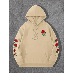 Pink Hooded <b>Sweatshirt</b> With <b>Red</b> Rose Embroidery Floral Design Oversized Fit Unisex Casual Autumn Wear - Product Image 3