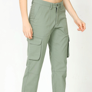 Women Cargo <b>Pants</b> Solid Green Mid Waist Ankle-Length Casual <b>Pants</b> With Pockets Breathable Woven Regular Fit - Product Image 3