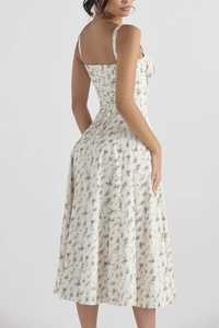 Vestido Midi Transpirable con Estampado Floral, Corte A, Sin Tirantes, Verano, Casual, Algodón Tejido, Cintura Alta, Ajustado, con Abertura en el Bajo Estilo Sirena, para Mujer - Product Image 4