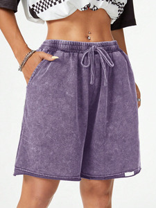 Shorts de Algodón de Cintura Alta para Mujer, Color Morado Sólido, con Cordón Ajustable, Corte Holgado, Casual, Transpirable, Estilo Lavado a la Arena - Product Image 3