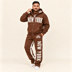 Ensemble de survêtement marron personnalisé avec impression en relief pour homme, comprenant un sweat à capuche zippé oversize et un pantalon de survêtement, en tissu épais, style streetwear, marque privée, vente en gros - Product Image 4