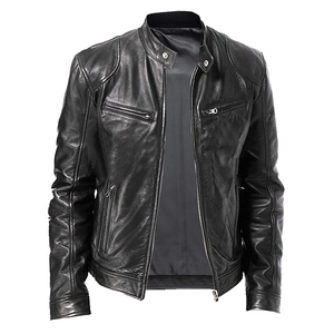 Blouson moto en cuir noir pour homme, col montant, fermeture éclair, coupe ajustée, couleur unie, manches classiques, idéal pour l'automne - Product Image 1