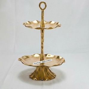 Luxury Elegant Double Layer <b>Cake</b> <b>Stand</b> with <b>Glass</b> Tray Gold Metal Leaf Design for Wedding - Product Image 2
