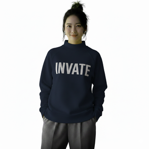 Womens Navy Mock Neck Sweatshirt INVATE Print Regular Fit Long Sleeve Casual Knitted Cotton Autumn <b>Top</b> - Product Image 1