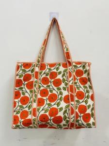 White Orange Floral Handmade Quilted Cotton <b>Boho</b> Drawstring Tote <b>Bag</b> Women Large Shoulder for Daily Carry - Product Image 3