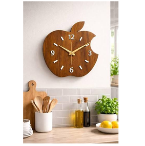 Horloge murale moderne en bois en forme de pomme, grain rouge foncé, analogique à quartz, décoration murale pour la maison - Product Image 5