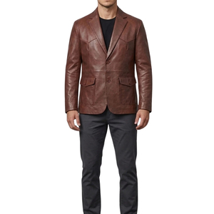 Blazer de Cuero Genuino Marrón para Hombre, Chaqueta Casual Elegante de Un Solo Pecho con Bolsillos - Product Image 1