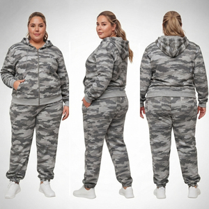 Ensemble survêtement femme grande taille imprimé camouflage avec sweat à capuche zippé et pantalon de jogging en molleton bouclette - Product Image 5