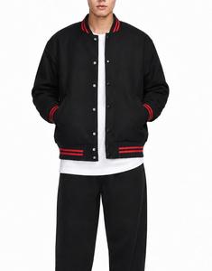 Men's Black Varsity Jacket with Red Trim Stand Collar <b>Button</b> Closure Casual Spring Windproof Solid Color PU Material - Product Image 1
