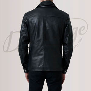 Chaqueta de Cuero Genuino Negra Premium para Hombre, Diseño de Paneles Verticales, Cuello Alto, Corte Ajustado, Estilo Urbano, Abrigo Informal - Product Image 3