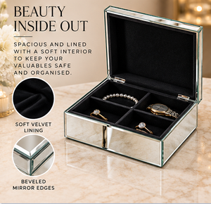 Silver <b>Mirrored</b> Glass Jewelry Storage Box with Custom Engraving <b>Beveled</b> <b>Edges</b> Soft Lining Decorative Keepsake Organizer - Product Image 5