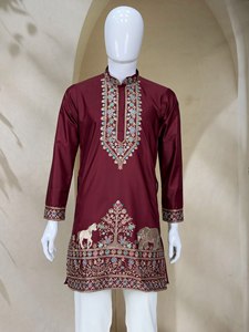 Men's Maroon Embroidered <b>Silk</b> <b>Kurta</b> White Churidar Wedding Indian/Pakistani Traditional Wear Ankle-Length Regular Fit Quick Dry - Product Image 6