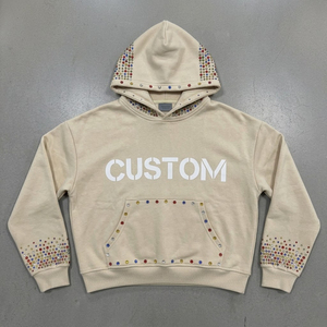 Sweat-shirt à capuche d'hiver pour homme en coton 100% beige avec strass et impression de lettres brodées - Product Image 2