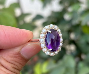 Vintage Amethyst <b>Ring</b> Sterling Silver Pearl Halo Oval Gemstone Antique Style Women Jewelry - Product Image 2