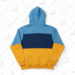 Sweat à capuche unisexe personnalisé avec logo, coloris bleu ciel, marine et moutarde, en molleton doux mélangé coton, avec poche kangourou - Product Image 3