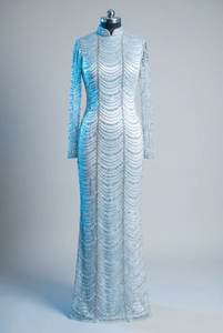 Robe de soirée sirène haut de gamme en perles argentées, manches longues, robe de couture, fournisseur en gros sur mesure - Product Image 3