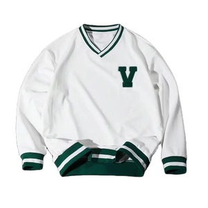 <b>White</b> <b>V</b>-<b>Neck</b> Knit Pullover With Green <b>V</b> Embroidery Long Sleeve Preppy Style Women's <b>Sweater</b> 100% Cotton Regular Fit - Product Image 1