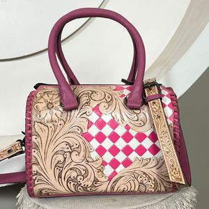 Sac Speedy en cuir de vachette repoussé à carreaux rose et blanc, fait main, nouvelle collection 2026, taille moyenne 11 pouces, sac à main western pour cowgirl, sac bandoulière et sac de voyage - Product Image 5