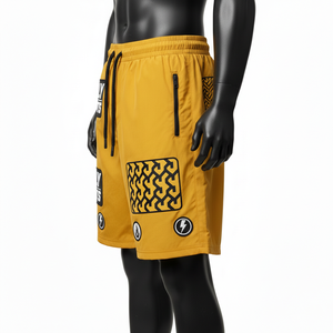 Shorts pour femmes en nylon et élasthanne de qualité supérieure 220 GSM, jaune moutarde, avec empiècements, poche zippée, logo brodé personnalisé - Product Image 3