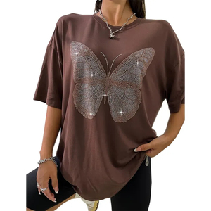 เสื้อยืดลายกากเพชรรูปกากบาทสำหรับผู้หญิง สีแดง คอกลม แขนสั้น ผ้าเจอร์ซีย์ 100% คอตตอน ใส่ได้ทุกฤดู สินค้ามาใหม่ - Product Image 2