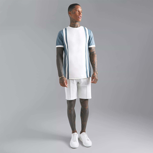 Men's Color Blocking Short Sleeve T-Shirt With White Shorts Casual Summer <b>Set</b> Breathable <b>Knitted</b> Cotton Two-Piece Outfit - Product Image 1