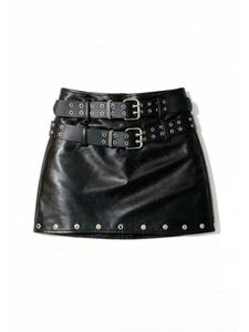 Regular Waist <b>Black</b> Genuine Leather Studded Mini <b>Skirt</b> Women Formal Belted Straight Design Shiny Solid Color Eco-Friendly - Product Image 1