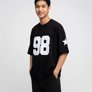 Camiseta Gráfica Negra Personalizada para Hombre, con Estampado del Número 98, Cuello Redondo, Manga Corta, Estilo Urbano, Algodón Grueso de 220g, Lavado Vintage, Talla Grande - Product Image 3