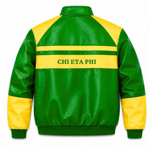 เสื้อแจ็คเก็ตวาร์ซิตี้สีเขียวและเหลืองของชมรมนักเรียนหญิงชื่อ Chi Eta Phi รุ่น Chiettes ทำจากหนัง PU ติดซิปด้านหน้า แขนเสื้อปักตัวอักษร ดีไซน์แบบเสื้อแข่งรถ แฟชั่นสำหรับผู้หญิง - Product Image 3