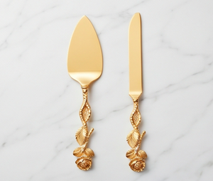 Stainless Steel Cake Serving <b>Set</b> With Gold Rose <b>Garden</b> Engraved Handle Perfect For Weddings Gifting And Parties - Product Image 1