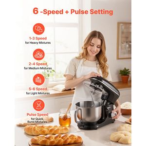เครื่องผสมอาหารแบบตั้งโต๊ะ 6QT 6+ ระดับความเร็ว 660W หัวปรับเอียงได้ โถสแตนเลส พร้อมหัวตีแป้ง หัวตีลวด และหัวตีแบบแบน - Product Image 4