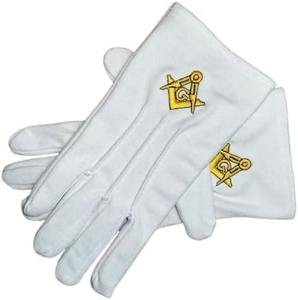 Guantes Masónicos Blancos 100% Algodón con Compás Cuadrado y Letra G Dorada - MBLG-4 Compás y Letra G Bordados - Product Image 1