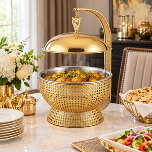 Calentador de Comida Tipo Buffet Comercial de Lujo, Redondo, Dorado, con Soporte de Malla de Diamantes y Tapa Colgante - Product Image 2