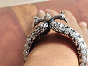 Oxidized <b>Silver</b> Brass Peacock Design <b>Cuff</b> <b>Bracelet</b> Traditional Ethnic Vintage Adjustable Kada for Unisex - Product Image 3
